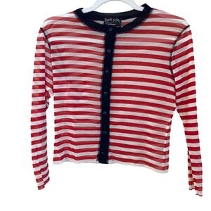Petit Pois Viviana G Size S Red White Navy Breton Stripe Sheer Mesh CropTop
